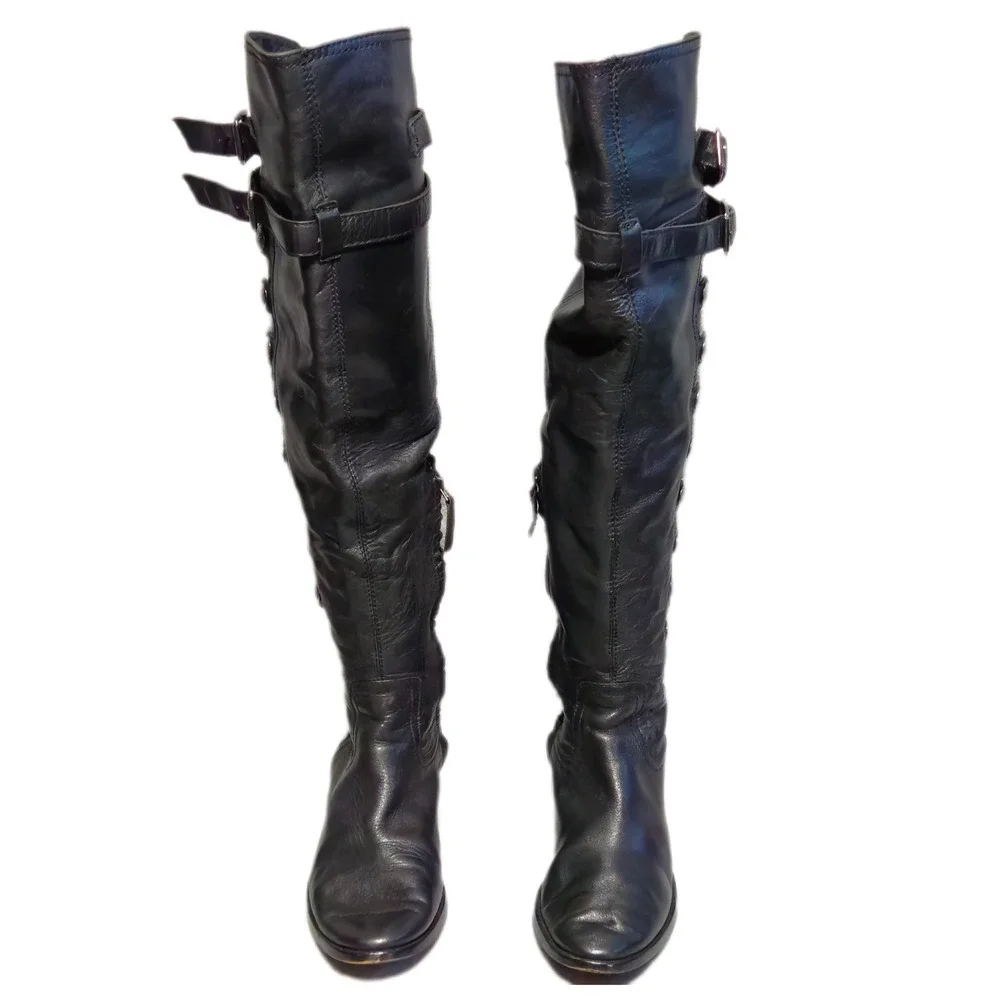 Sam Edelman Pierce Tall Boot Women 8M Black Leather Over The Knee Buckle Button